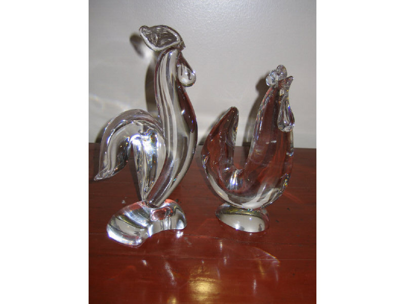 Appraisal: G THOMPSON D POLLARD FOR STEUBEN Two glass rooster figures