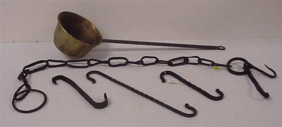 Appraisal: Early fireplace accoutrements including a peel long handle brass dipper