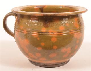 Appraisal: Shooner Mottle Glazed Redware Chamber Pot Shooner Mottle Glazed Redware