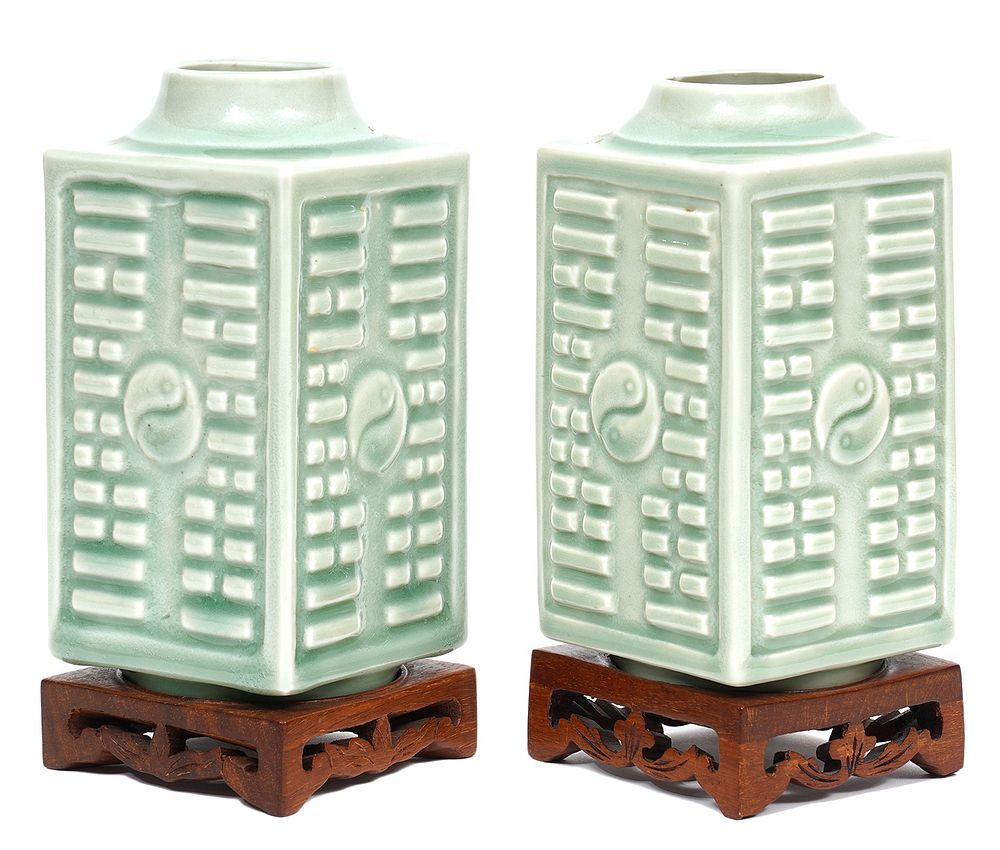 Appraisal: Pr Chinese Yin Yang Square Form Celadon Vases Pair of