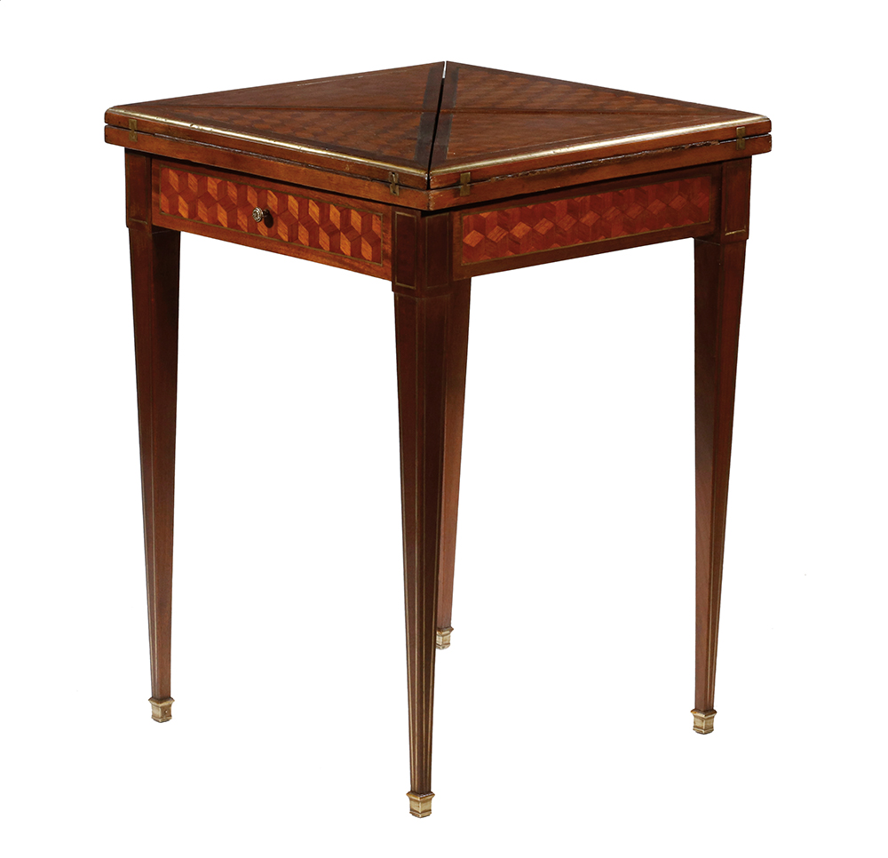 Appraisal: FRENCH HANDKERCHIEF TABLE MECHANICAL TWIST FLIP TOP Fruitwood Marquetry Mahogany