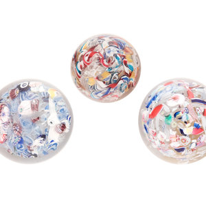 Appraisal: Three End-of-Day Scrambled Cane Glass Paperweights Diameter of larger example