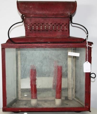 Appraisal: VINTAGE HANGING LANTERN DOUBLE CANDLEHOLDER REDPAINT MIRROR BACK AND SIDES