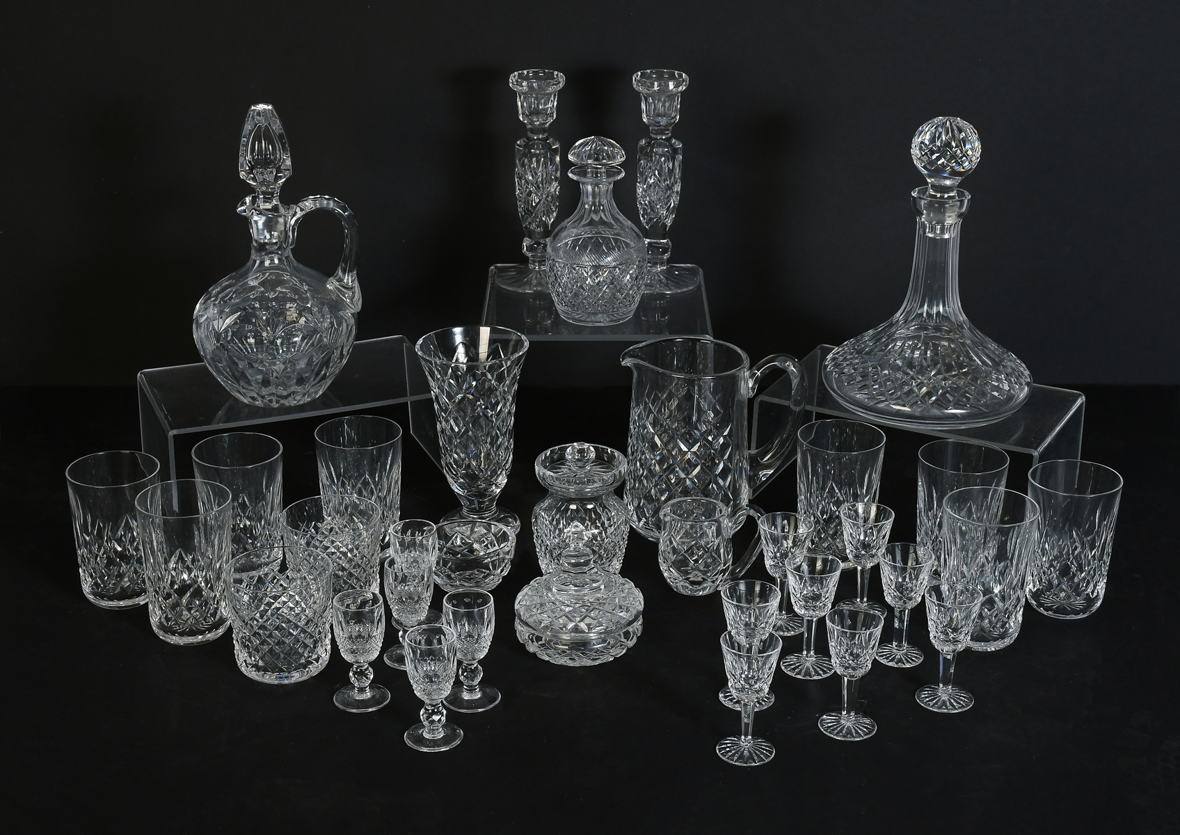 Appraisal: PC WATERFORD STYLE CRYSTAL COLLECTION Comprising Cordials Decanters Jam jar