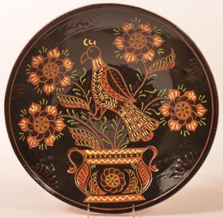 Appraisal: Breininger Pottery Redware Charger with Bird Breininger Pottery Redware Charger