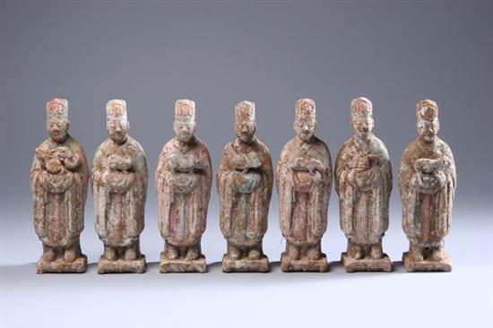 Appraisal: SEVEN CHINESE POLYCHROME POTTERY FIGURES OF ZODIAC Ming Dynasty -