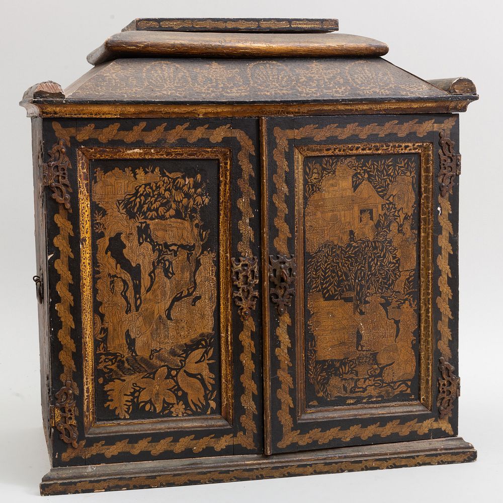 Appraisal: Chinoiserie Style Penwork Cabinet With interior drawers and top hinged