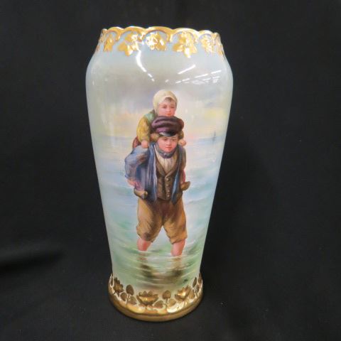 Appraisal: Royal Bonn Handpainted Porcelain Vase children along the shoreline artist