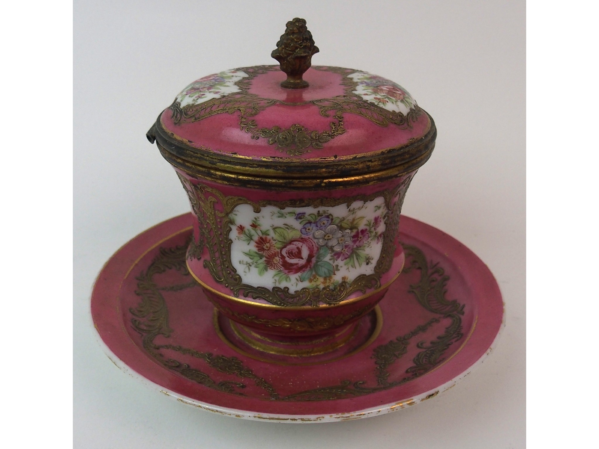 Appraisal: A French Sevres-style enamelled porcelain inkwellcirca bowl with hinged lid