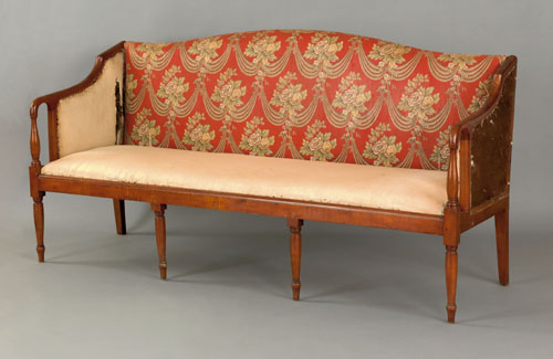 Appraisal: New England Sheraton tiger maple sofa ca retaining a portion