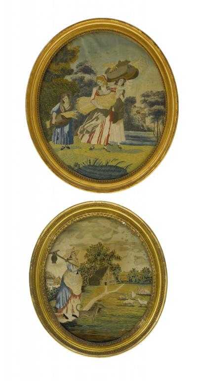 Appraisal: TWO GEORGE III NEEDLEWORK OVAL PICTURES of three gleaners and