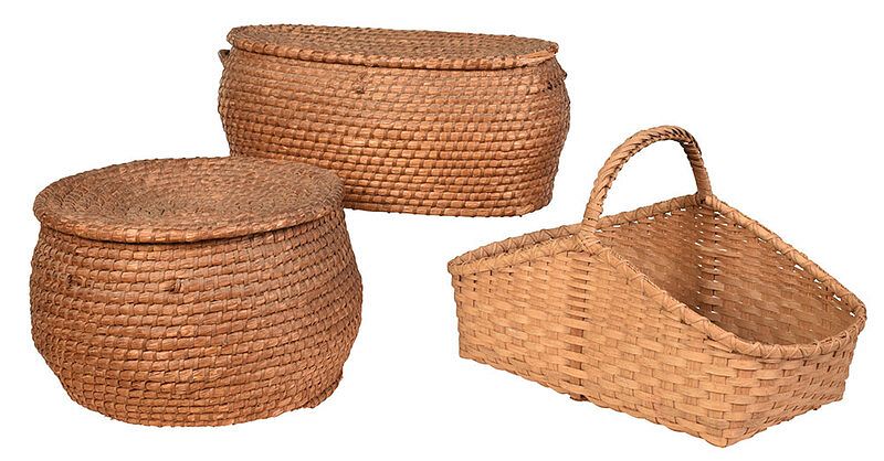 Appraisal: Two Lidded Woven Coil Baskets Gathering Basket probably Pennsylvania th