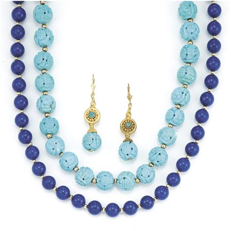 Appraisal: Two Gold Lapis and Carved Turquoise Bead Necklaces and Pair