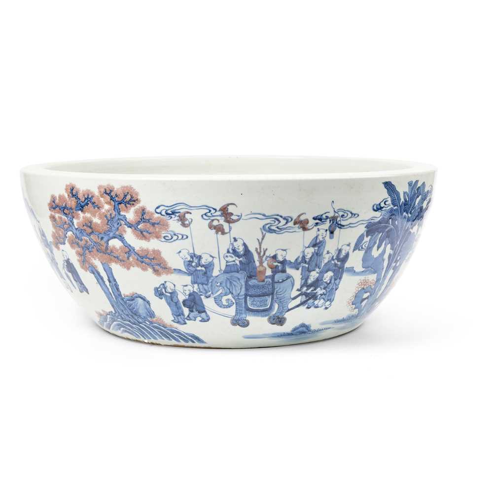 Appraisal: HUGE BLUE AND WHITE WITH UNDERGLAZED-RED 'BOYS AT PLAY' BASIN