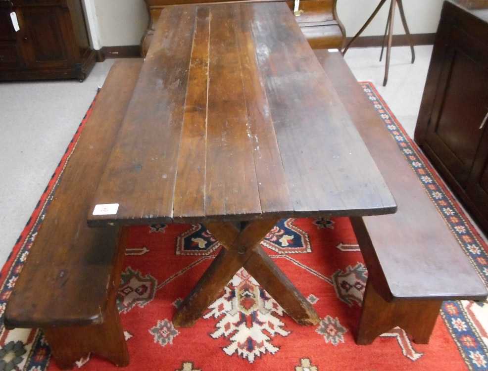 Appraisal: COUNTRY KITCHEN HARVEST TABLE AND TWO BENCHES American th century