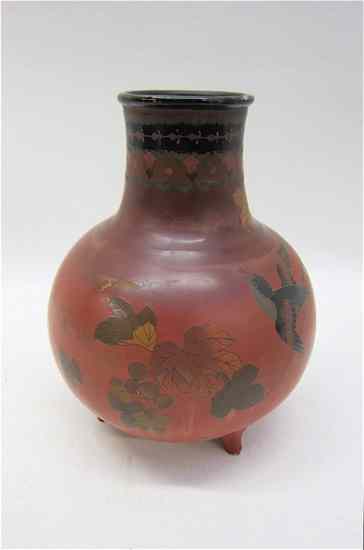 Appraisal: JAPANESE ''TOTAI'' PORCELAIN CLOISONNE VASE tri-footed having songbird butterfly and