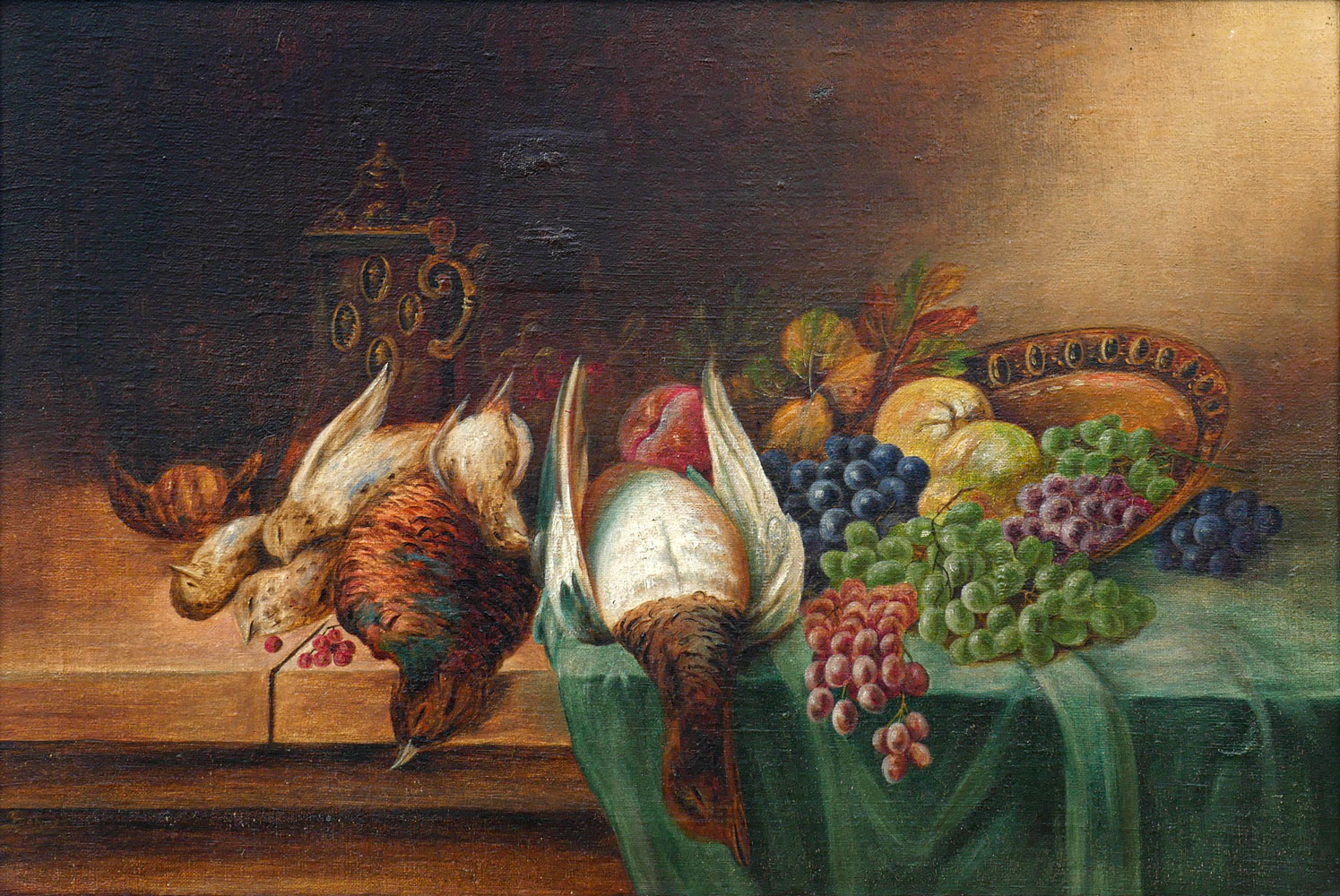 Appraisal: TABLETOP STILL LIFE PAINTING WITH BIRDS FRUIT AND TANKARD Oil