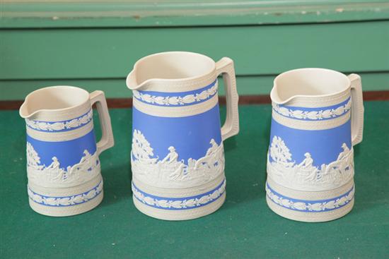 Appraisal: SET OF THREE COPELAND SPODE PITCHERS Blue and white jasperware