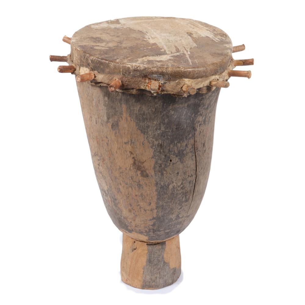 Appraisal: AFRICAN TRIBAL CEREMONIAL WOODEN DRUM WITH HIDE COVER AND PEGS