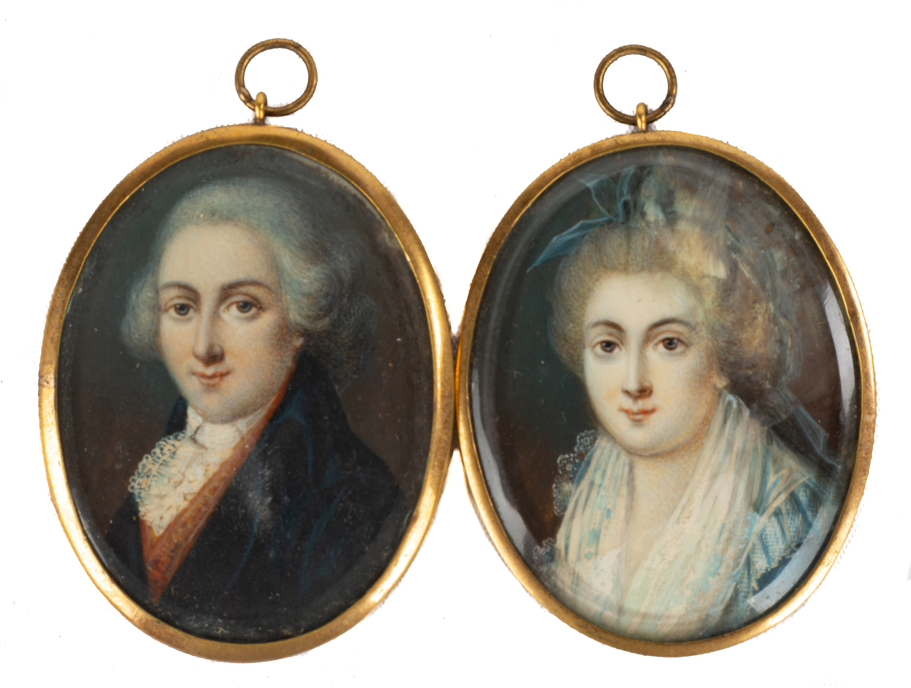 Appraisal: EARLY TH CENTURY WATERCOLOR MINIATURE PORTRAITS with needlework backs