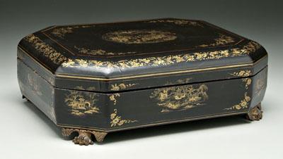 Appraisal: Chinese export black lacquer game box fine gilt decoration carved