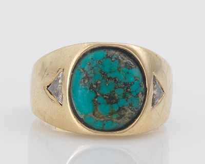 Appraisal: A Gentleman's Turquoise and Diamond Pinky Ring k yellow gold