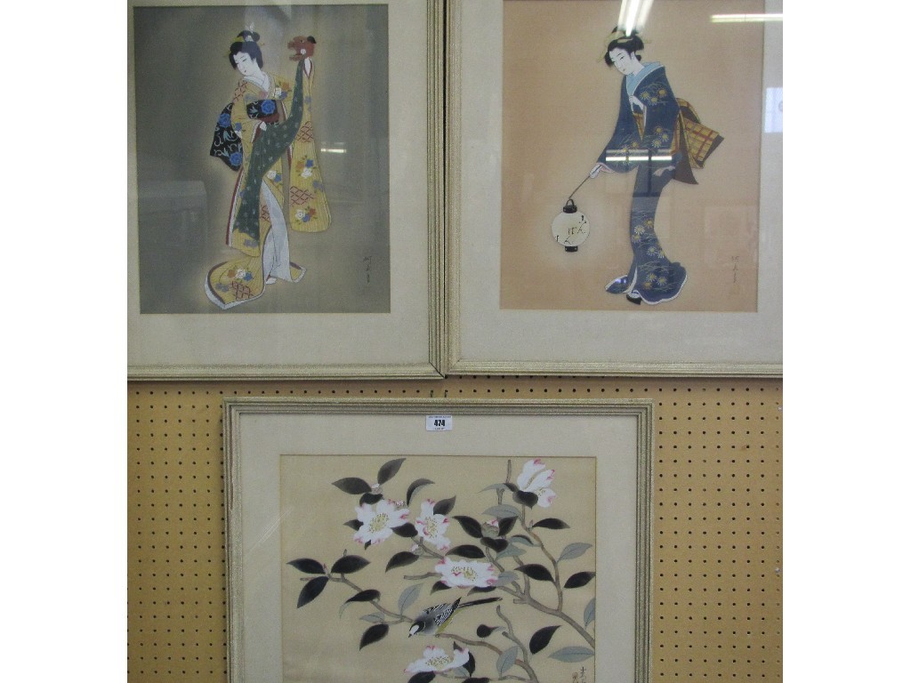 Appraisal: Pair of Japanese watercolours on silk plus on other