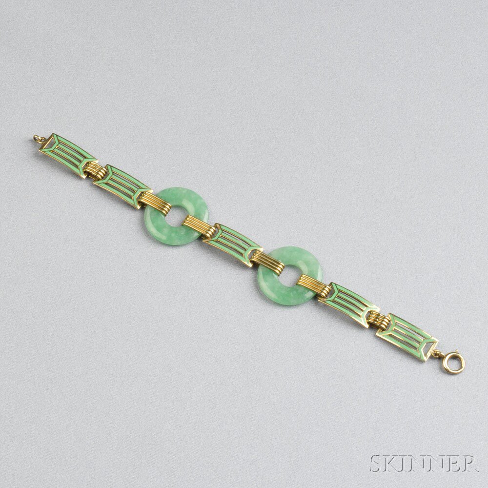 Appraisal: Art Deco kt Gold Jade and Enamel Bracelet Wordley Allsopp