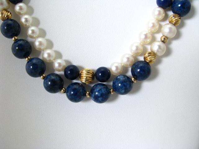 Appraisal: Two Strands Pearl and Lapis Bead Necklaces k yellow gold