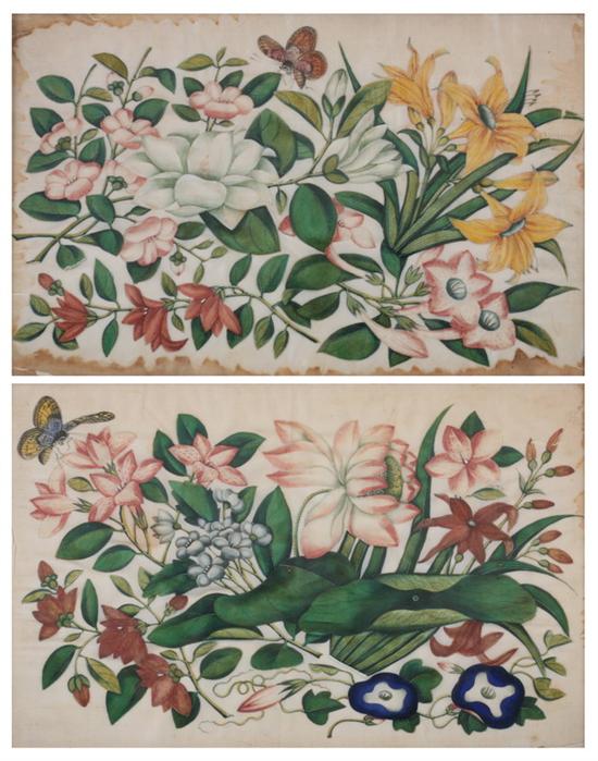 Appraisal: TWO VICTORIAN FLORAL WATERCOLORS circa on parchment - Framed sight