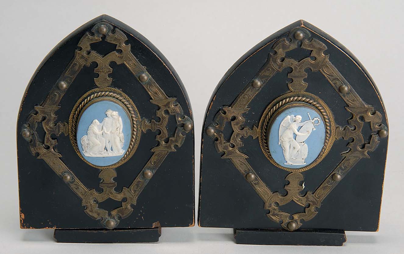 Appraisal: PAIR OF WEDGWOOD-MOUNTED BOOKENDS Circa Each with oval sprigged jasperware