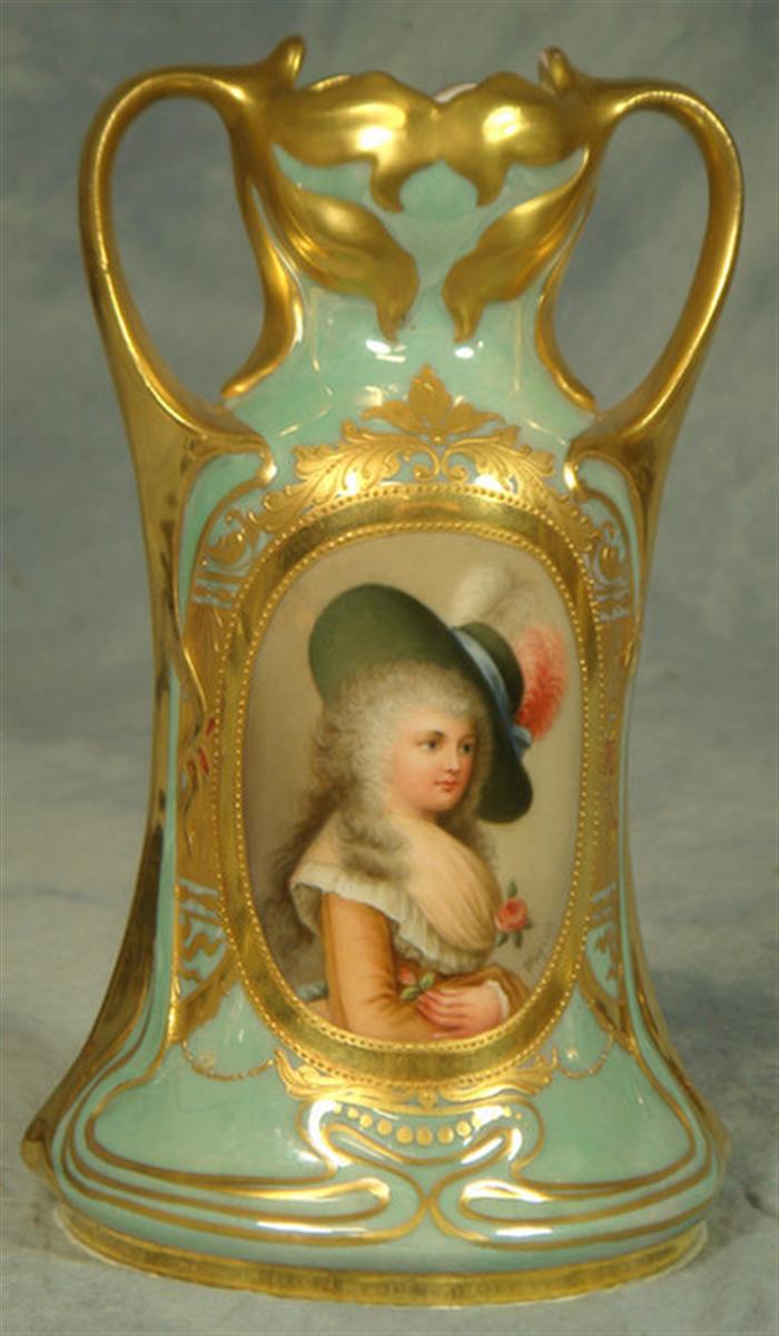 Appraisal: Vienna porcelain HP portrait handled vase with raised gilt decoration