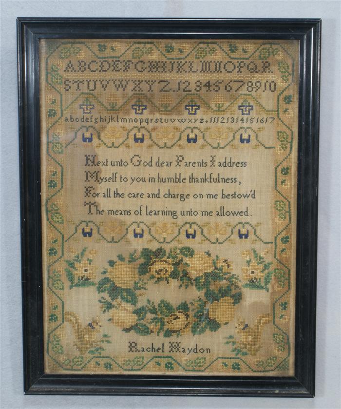 Appraisal: Needlework sampler signed Rachel Hayden x th c some discoloration