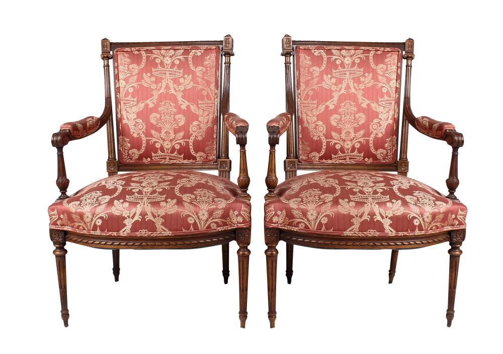 Appraisal: PAIR OF LOUIS XVI STYLE ARMCHAIRSwith silk upholstery each inches