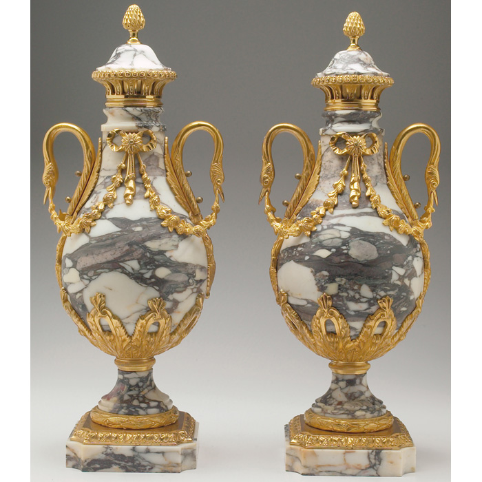 Appraisal: Louis XV covered urns pair white and spotted gray marble