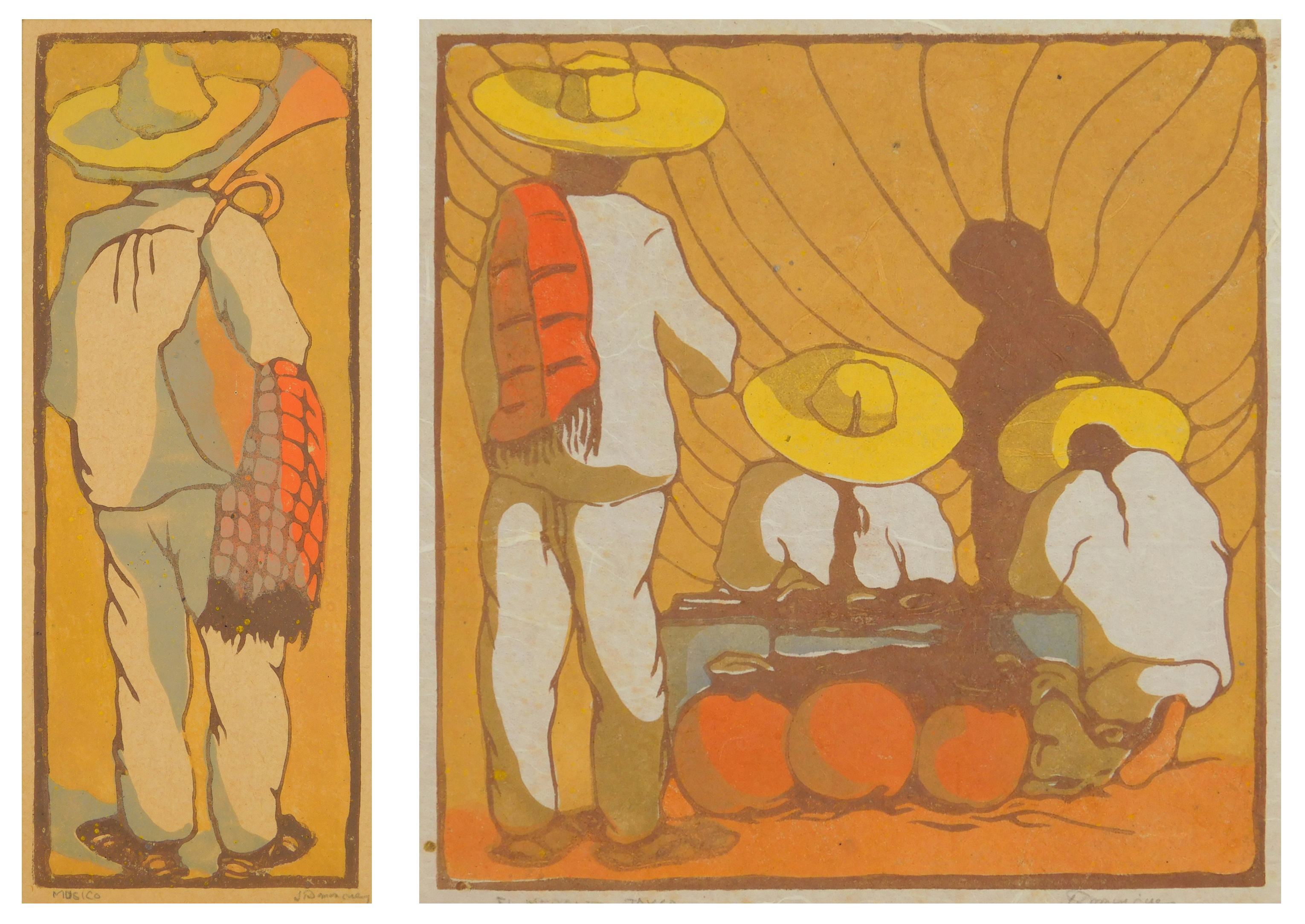 Appraisal: th c Mexican School ''El Mercado'' ''Musico'' woodblocks in colors