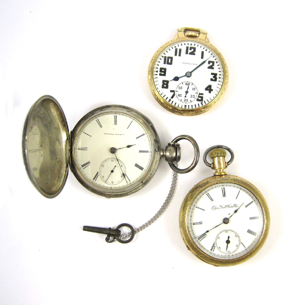 Appraisal: THREE AMERICAN POCKET WATCHES Hamilton model RAILROAD grade E size