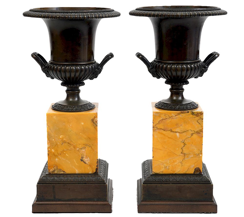 Appraisal: Pr Bronze Urns on Sienna Marble Plinths Pair of bronze