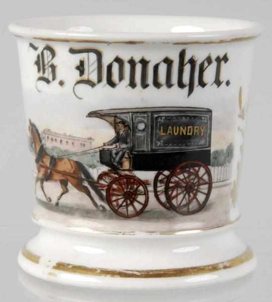 Appraisal: Horse-Drawn Laundry Wagon Shaving Mug Description Gilt name B Donaher