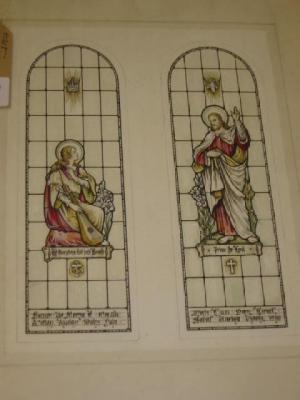 Appraisal: A PAIR OF ECCLESIASTICAL STAINED GLASS WINDOW CARTOONS in watercolour