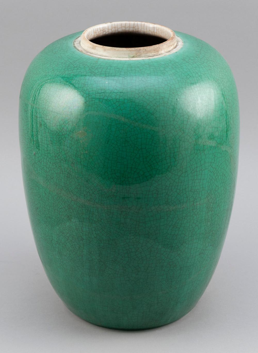 Appraisal: CHINESE APPLE GREEN CRACKLE GLAZE PORCELAIN JAR TH CENTURY HEIGHT