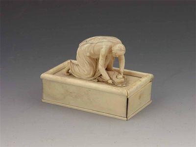 Appraisal: A Portugese ivory box the sliding cover carved with a