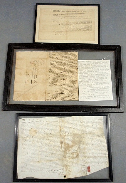 Appraisal: - Three framed groupings of documents TI one with letter