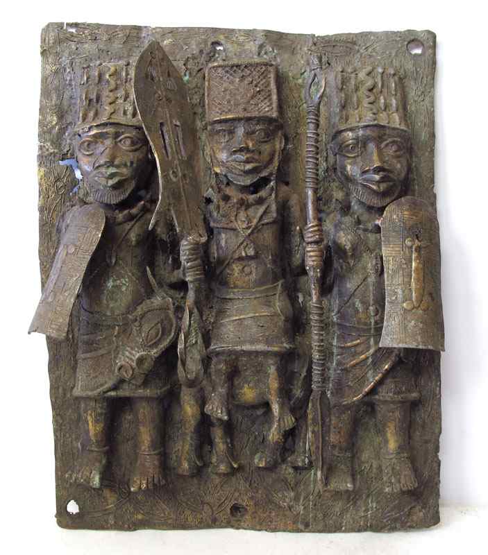 Appraisal: BENIN AFRICAN BRONZE FIGURAL PLAQUE SCULPTURE Approx ' '' x