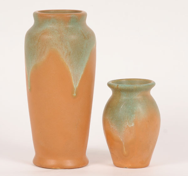 Appraisal: Two Muncie Art Pottery vases matte green over pumpkin Tallest