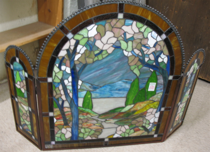 Appraisal: THREE-PANEL STAINED AND LEADED GLASS FIREPLACE SCREEN in the manner