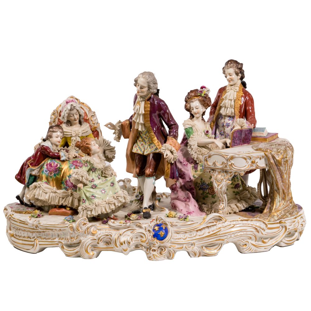 Appraisal: AELTESTE VOLKSTEDTER PORCELAIN FIGURAL GROUPINGRococo style lace porcelain depicting domestic