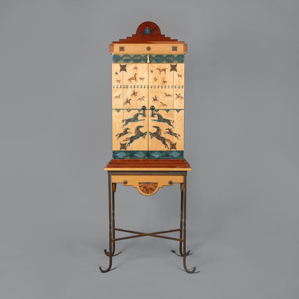 Appraisal: HAND PAINTED WOOD INLAY CABINET ON STANDmarked LCK inscribed on