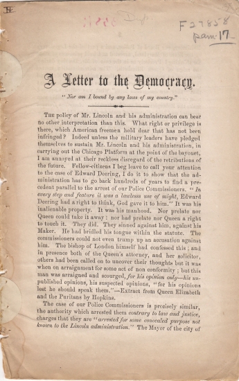 Appraisal: CIVIL WAR--MARYLAND M H W A Letter to the Democracy