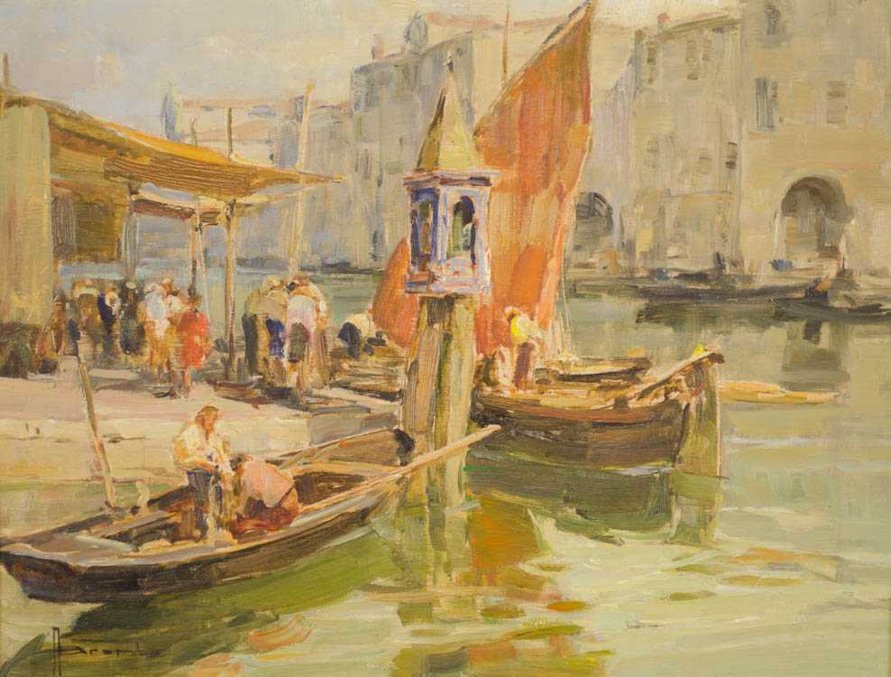 Appraisal: ANGELO BROMBO OIL ON BOARD Italy - Venetian fish market